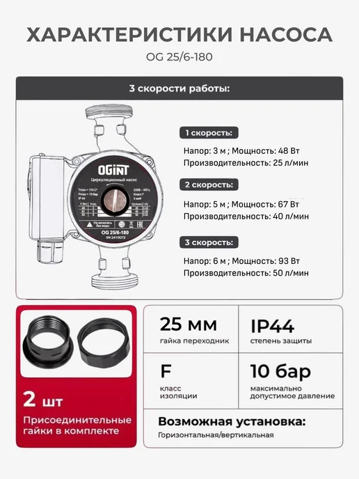 Ogint Насос циркуляционный для отопления 25 60 180, вариант, фото 3