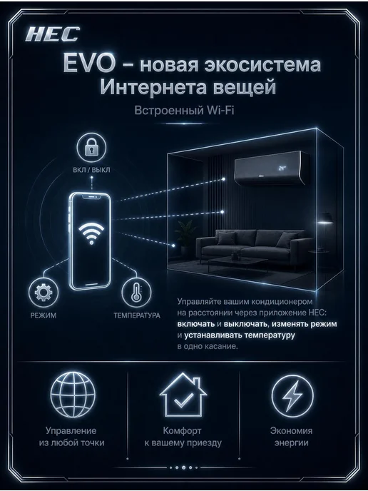 Hec Сплит-система инверторная Design 12 на 35 кв.м Wi-Fi, черный, фото 4