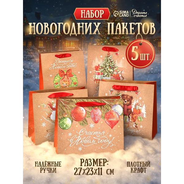 Новогодний подарочный набор пакетов, 5 шт.