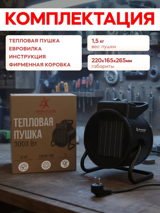 МОЛОДЦОВ Тепловая пушка электрическая 3 квт, черный, фото 7