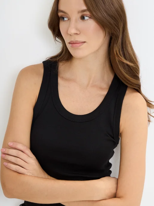 MO Mohito Топ однотонный облегающий без рукавов, черный, фото 5
