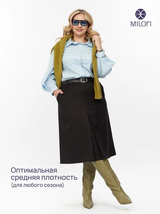 MILORI Юбка женская офисная трапеция синяя больших размеров осень, черный, фото 3