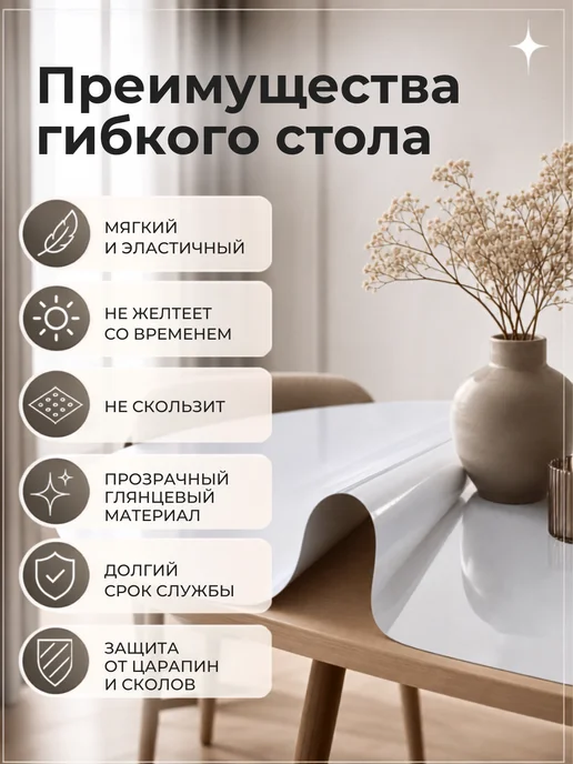 Уют в доме. Скатерть на стол белая гибкое жидкое стекло 80х120 см 0.8мм, 80x120 см, фото 3