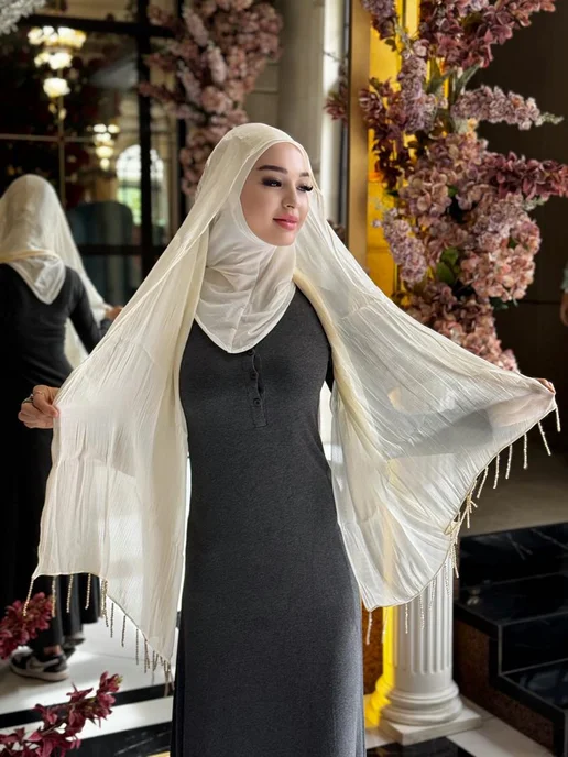 HABIBI Хиджаб органза с бусами ручная работа, бежевый, фото 2