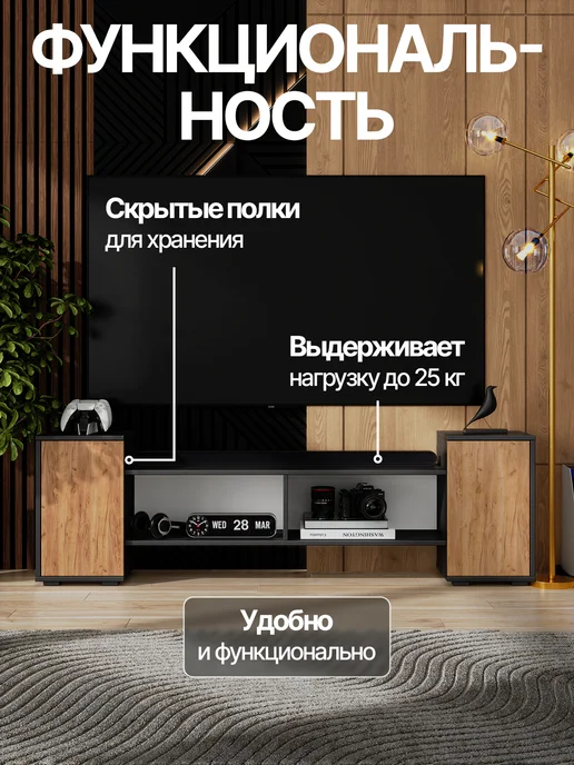 Мебельная фабрика 1+1 Тумба под телевизор напольная белая 170 см с дверцами лофт, вариант, фото 3