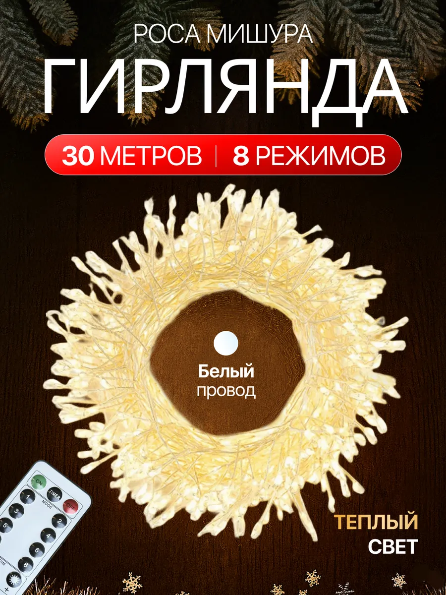 Гирлянда роса мишура на елку светодиодная 30м