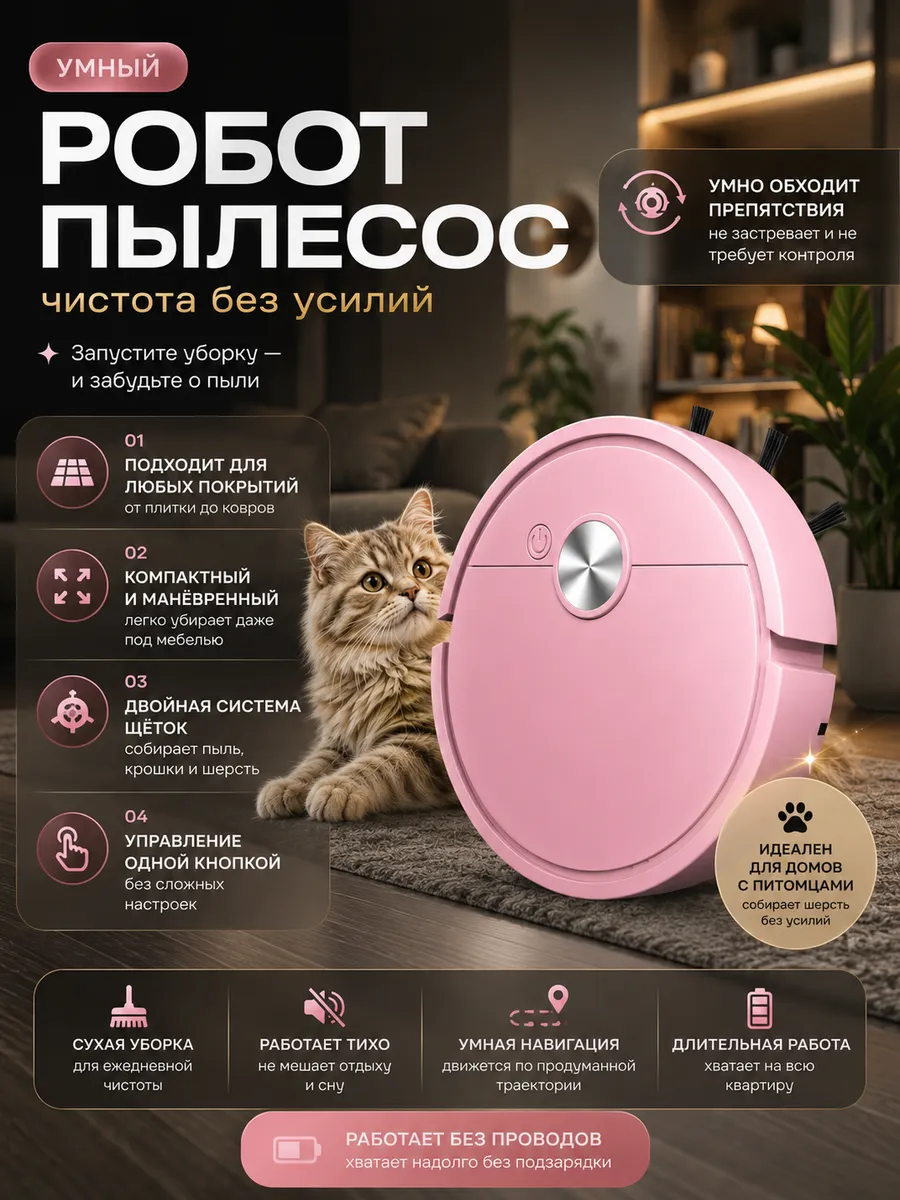 Мини робот-пылесос для сухой уборки, розовый
