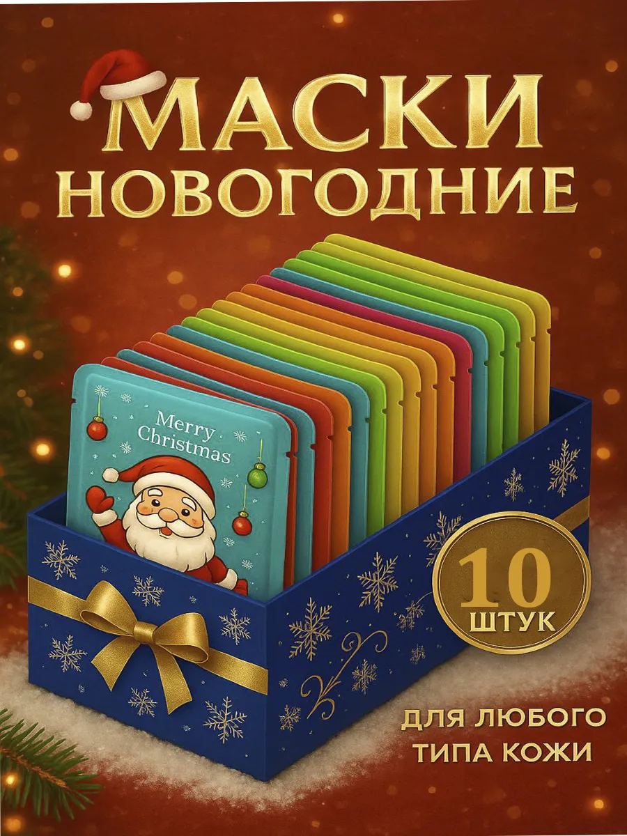 Набор тканевых масок для лица новогодний подарочный 10 шт