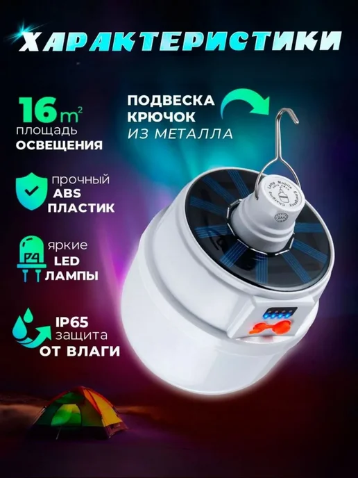 Фонарь для кемпинга светодиодный аккумуляторный солнечный, белый, фото 7