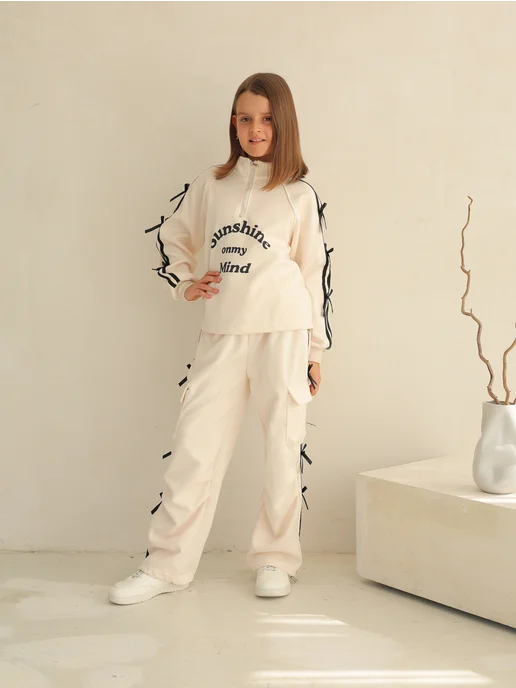 kidsландия Спортивный костюм на молнии модный для подростков, бежевый, фото 5
