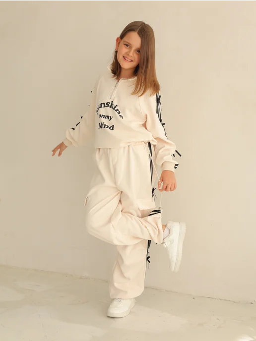 kidsландия Спортивный костюм на молнии модный для подростков, бежевый, фото 6