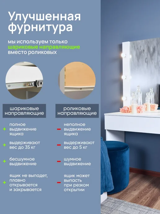 Столик туалетный макияжный с зеркалом и подсветкой, белый, фото 4