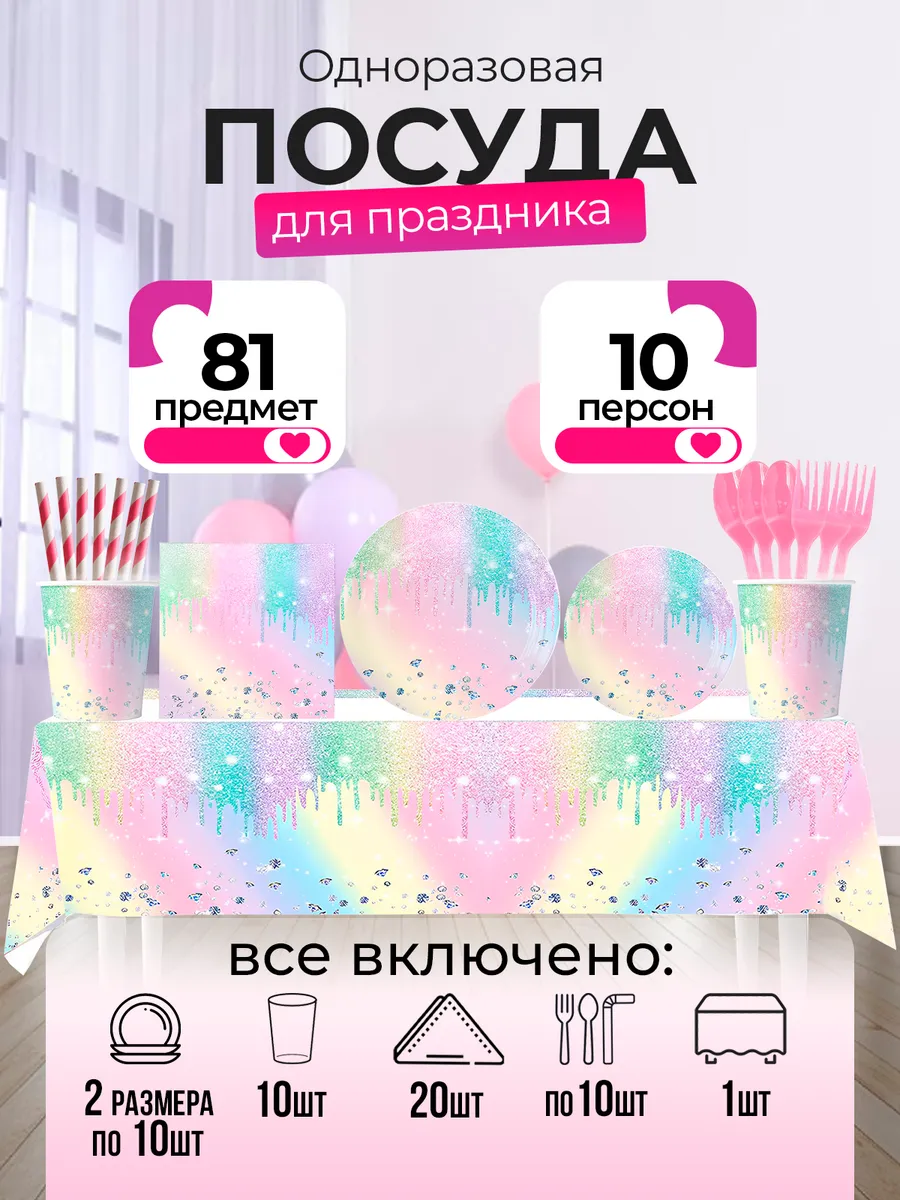 Одноразовая посуда на День рождения набор на 10 персон