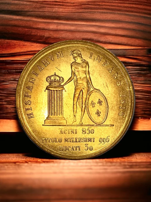Монета Итальянские Штаты 30 дукатов 1818 года Золочение, вариант, фото 2