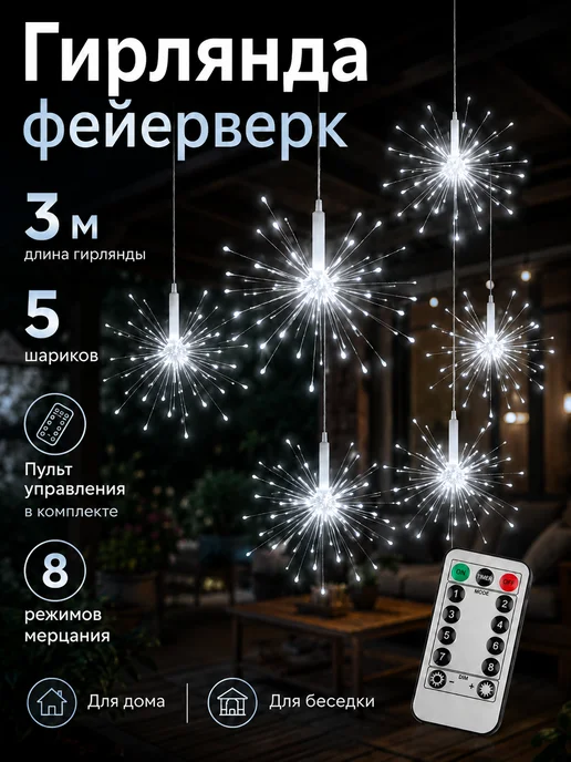 RICHES LIGHT Новогодняя гирлянда фейерверк 3м, вариант