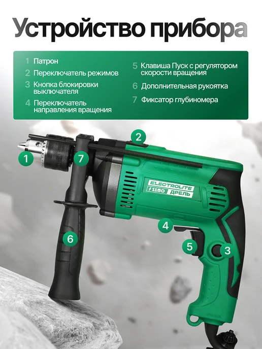 ELECTROLITE Дрель электрическая от сети ударная ДУ 1150, черный, фото 8