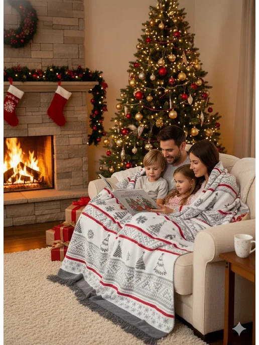 AYKA HOME Плед новогодний 200х220 на диван с елкой и снежинками, 200x220