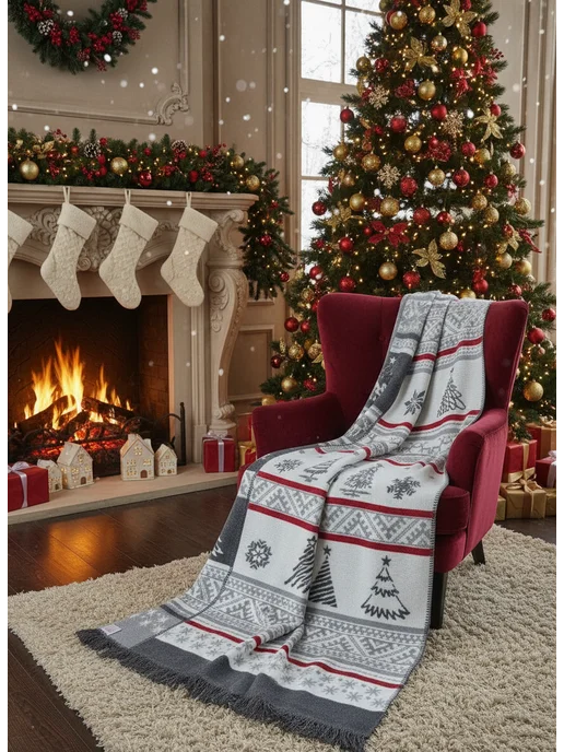 AYKA HOME Плед новогодний 200х220 на диван с елкой и снежинками, 200x220, фото 3