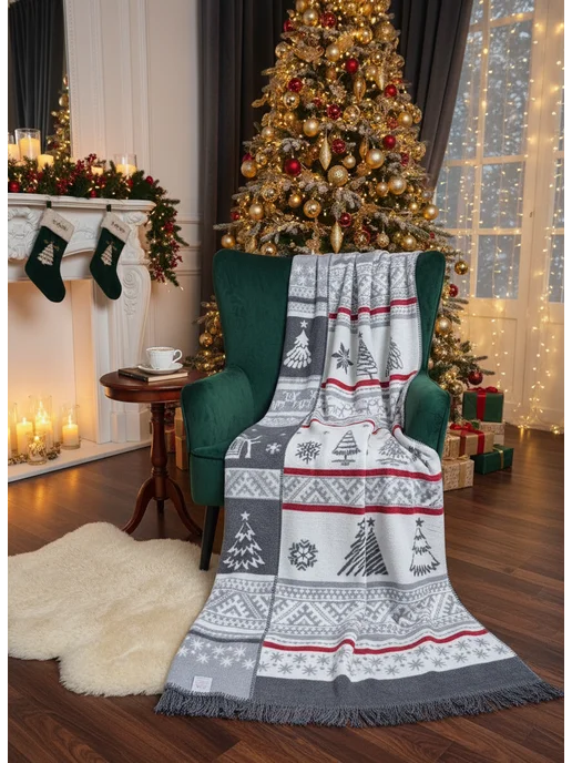 AYKA HOME Плед новогодний 200х220 на диван с елкой и снежинками, 200x220, фото 7