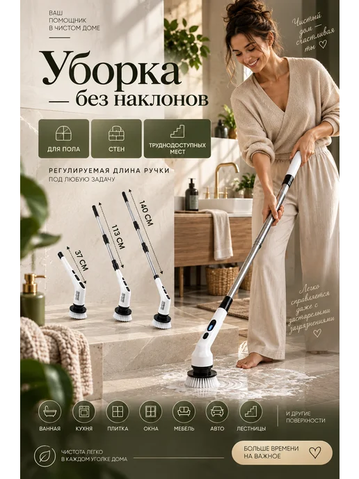 ВЛИЯЙ by Olga Loseva Электрощетка для уборки дома с насадками беспроводная, белый, фото 3