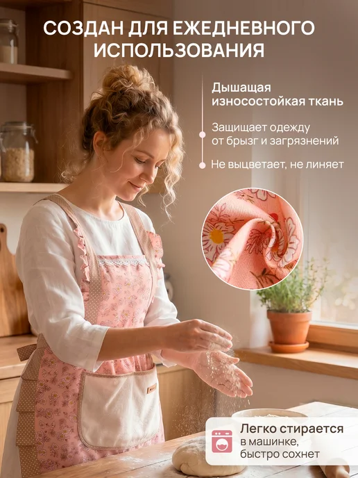 Все для кухни Ретро фартук кухонный хлопковый с рюшами и карманом, розовый, фото 2