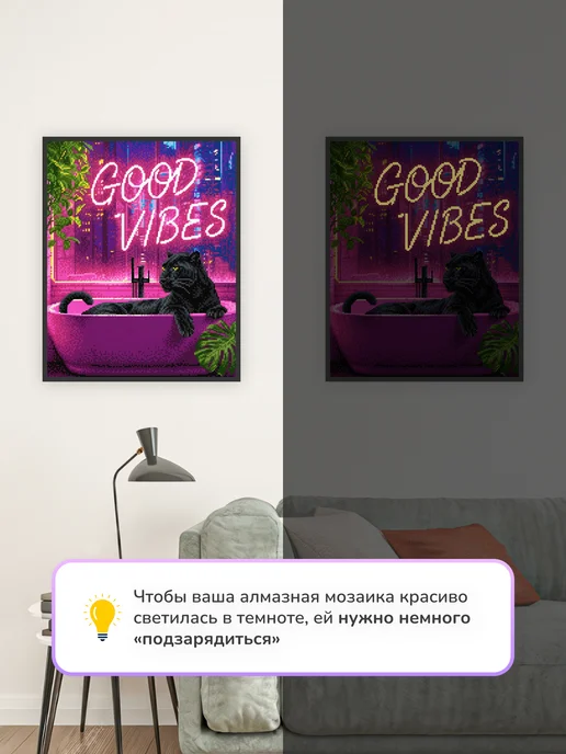 Алмазныи ряд Светящаяся алмазная мозаика на подрамнике 40х50 Good vibes, 40x50, фото 3
