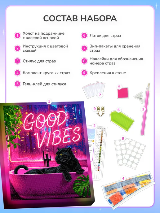 Алмазныи ряд Светящаяся алмазная мозаика на подрамнике 40х50 Good vibes, 40x50, фото 4