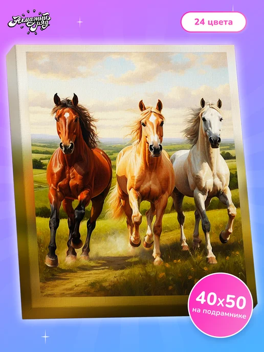 Алмазныи ряд Алмазная мозаика на подрамнике 40х50 см Тройка лошадей, 40x50 см