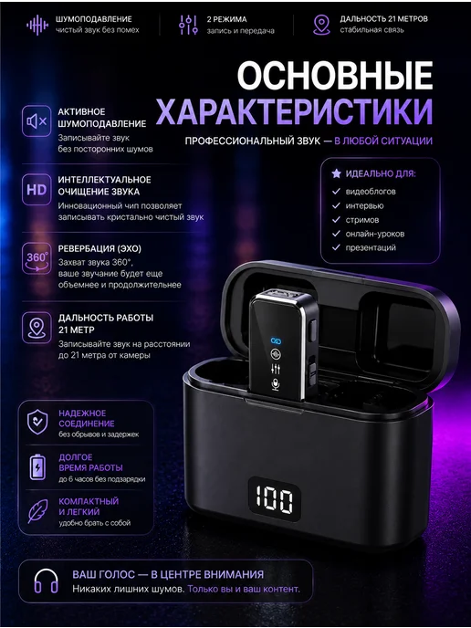 Nestrenvi Микрофон петличный беспроводной для видео и стриминга, черный, фото 2
