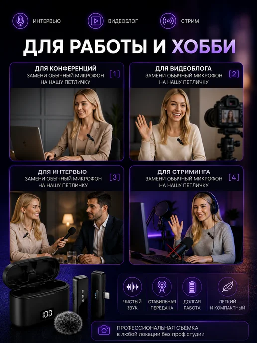 Nestrenvi Микрофон петличный беспроводной для видео и стриминга, черный, фото 7