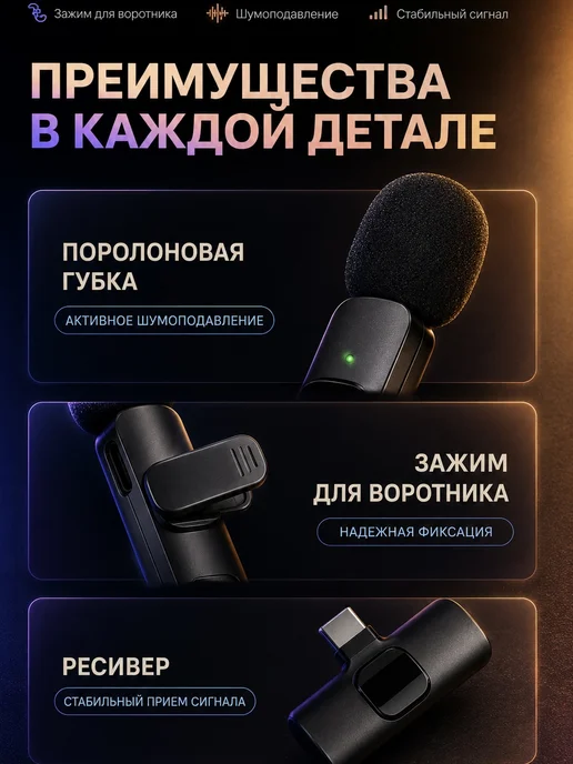 Nestrenvi Микрофон петличный беспроводной для видеосъемки и подкастов, черный, фото 6