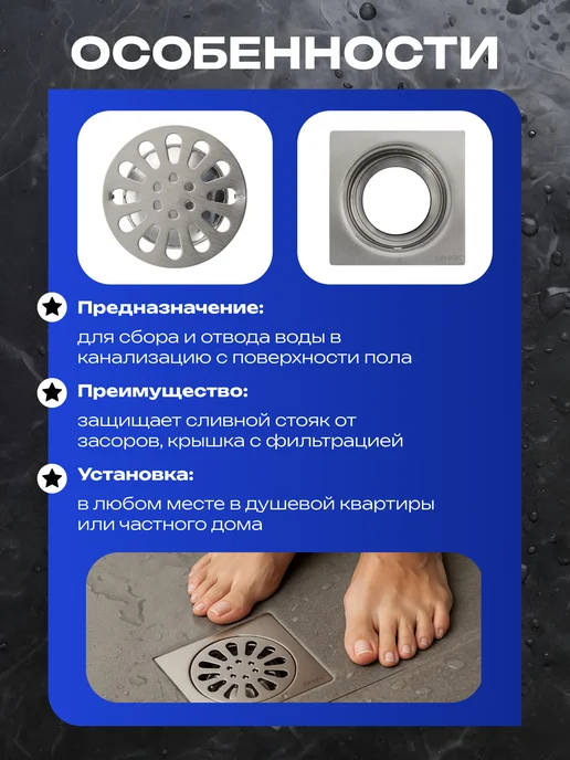 САНАКС Трап для душа с гидрозатвором круглая решётка вертикальный, серый, фото 2