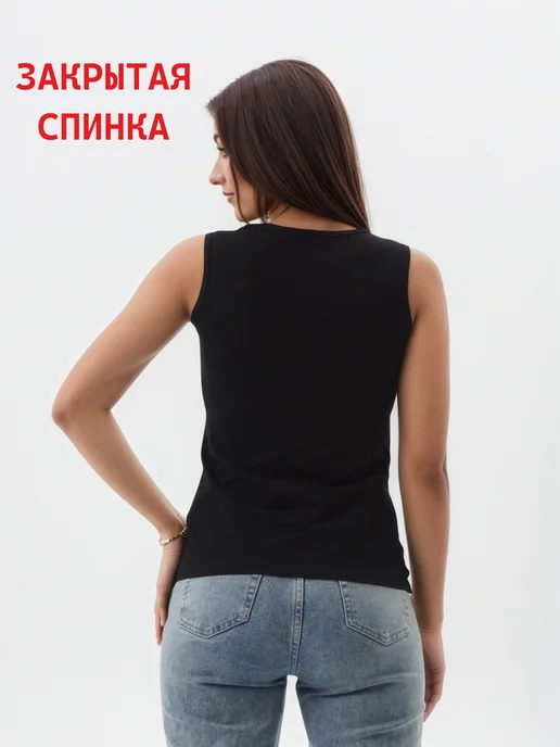 VIONAHOM Майка топ летняя под пиджак для дома и спорта закрытая спина, черный, фото 3