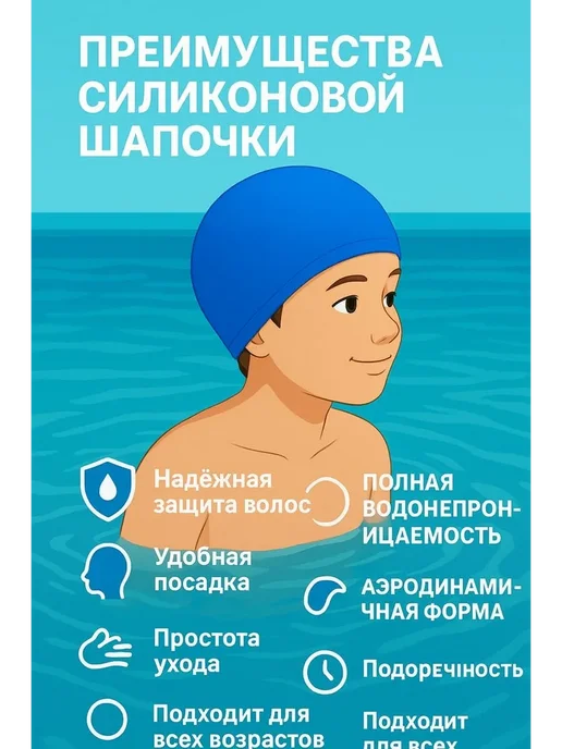 кубатаева Шапочка для плавания для подростков 10-14лет, синий, фото 4