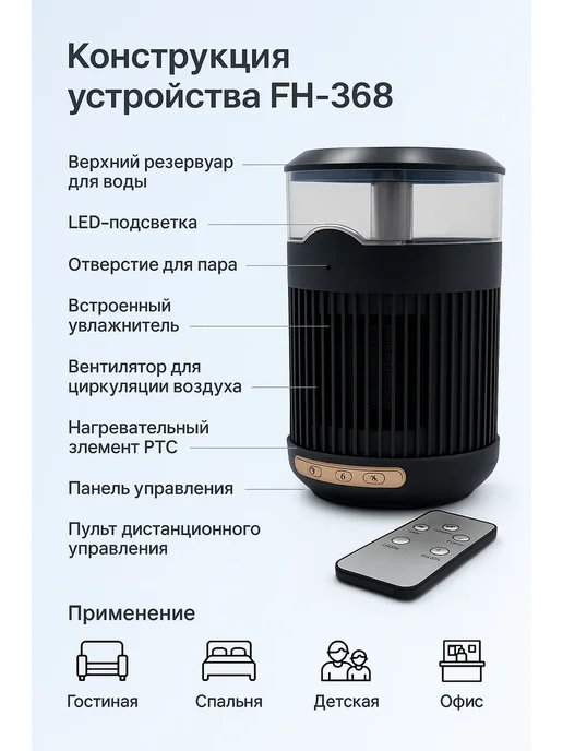 БОТ Обогреватель увлажнитель электрический для дома с подсветкой, черный, фото 3