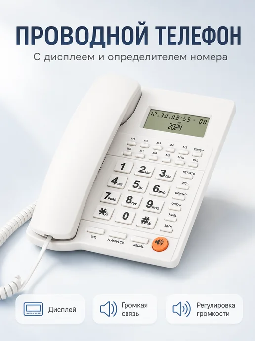Телефон проводной домашний Белый, белый