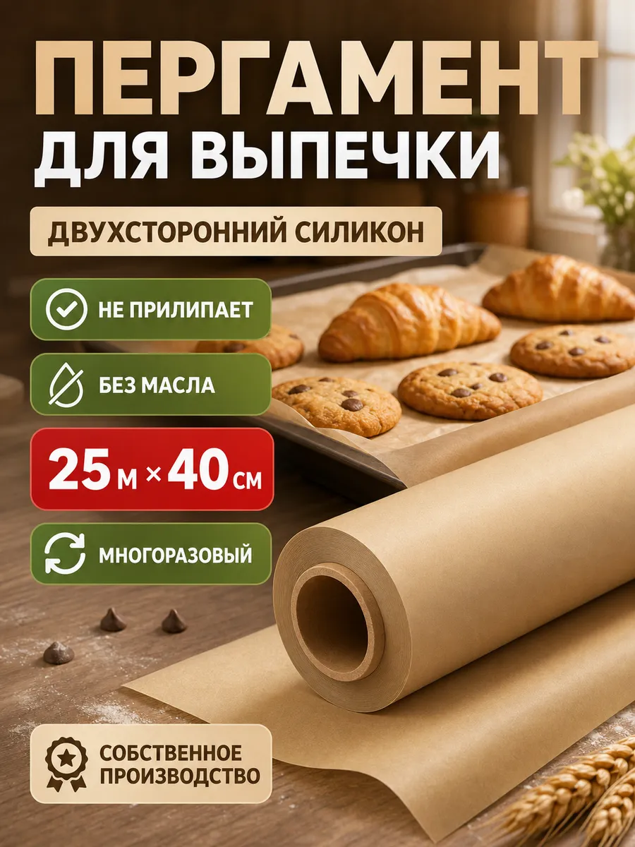Бумага для выпечки, пергамент силиконизированный 25 м