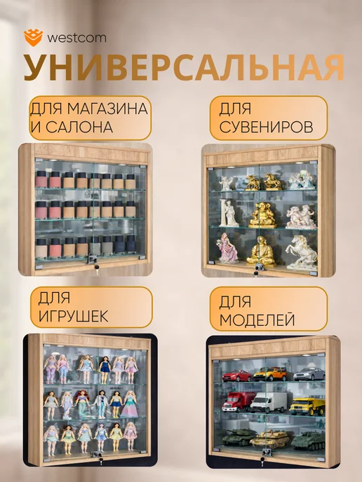 WESTCOM.RU Витрина настенная №1-4А с зеркалом и подсветкой, Дуб_Сонома, бежевый, фото 3
