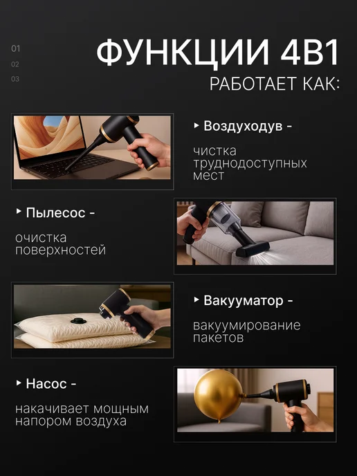 DEEV.Home Пылесос для автомобиля беспроводной 4 в1, черный, фото 3