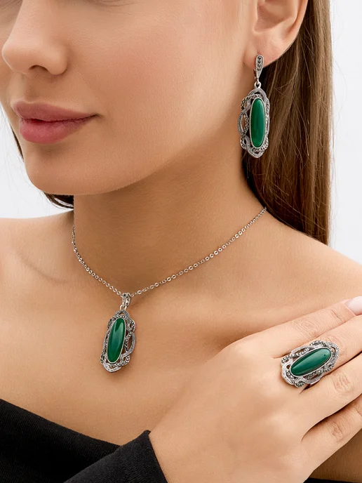 Solita Комплект серьги с подвеской и кольцом, зеленый, фото 3
