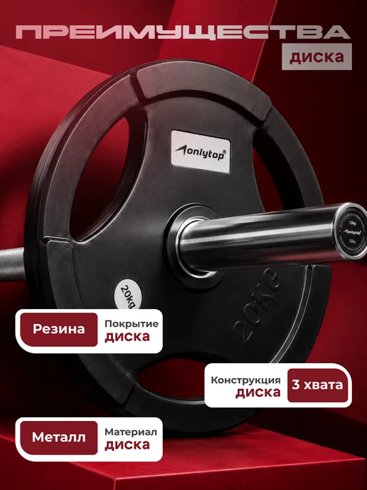 onlytop Блин для штанги и грифа олимпийский обрезиненный 20кг, 20 кг, фото 3