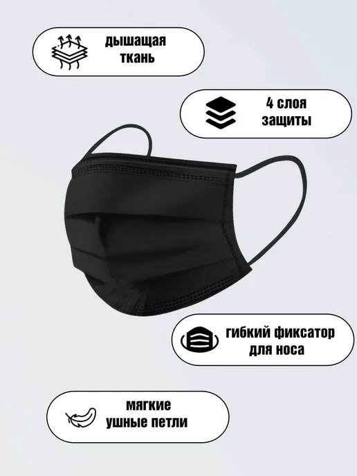 Medical M Маски одноразовые 100 штук черные, черный, фото 2