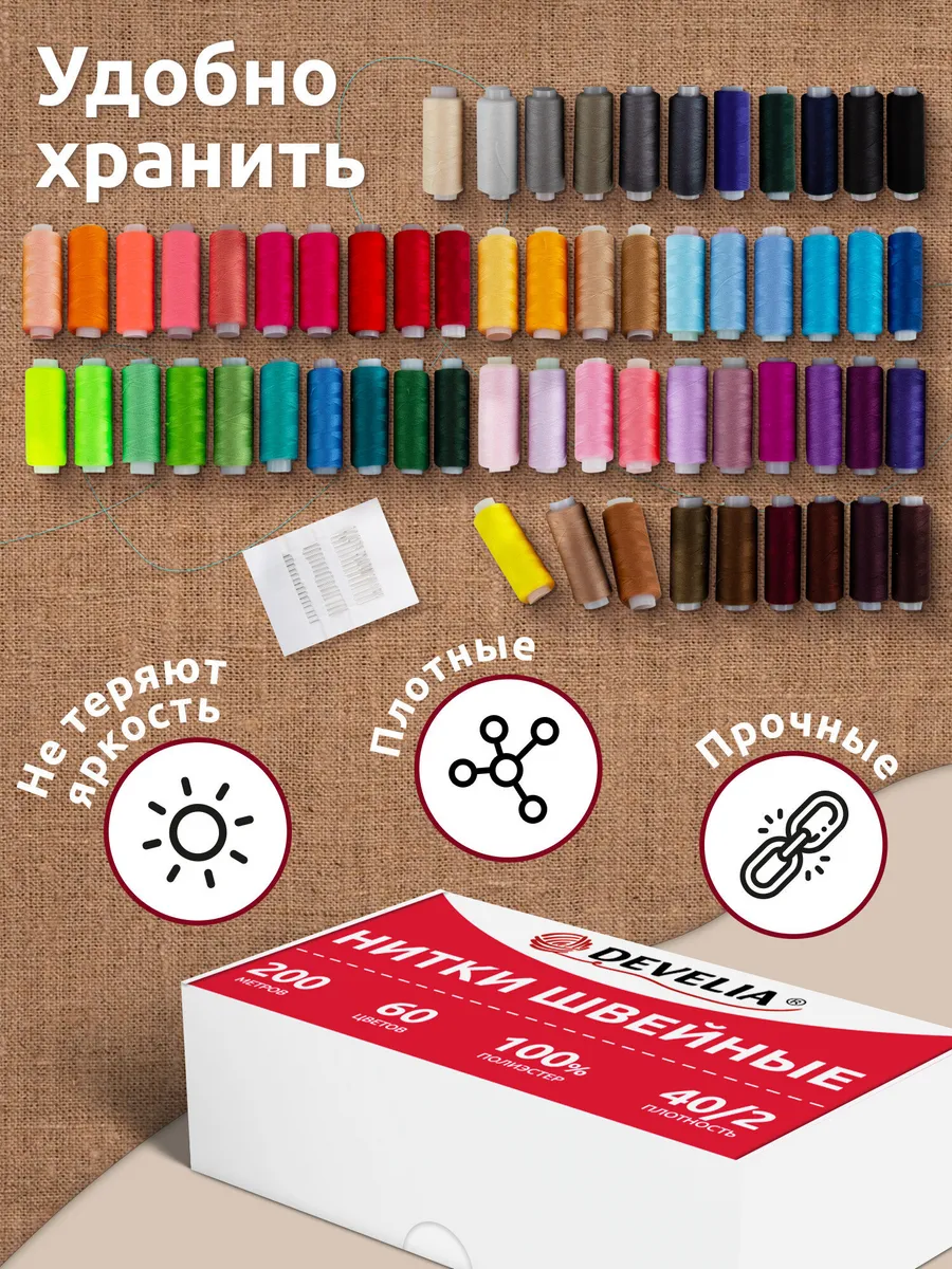 Нитки для шитья армированные 40/2 200 м, швейный набор 60 цв