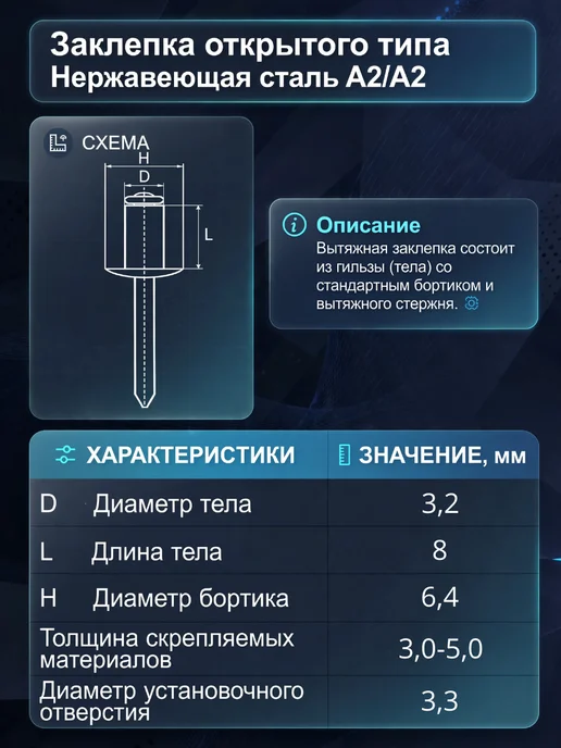 Заклепка Нержавеющая вытяжная A2 3,2х6 25 шт нерж клепки, 3.2x8, 50 шт, фото 2