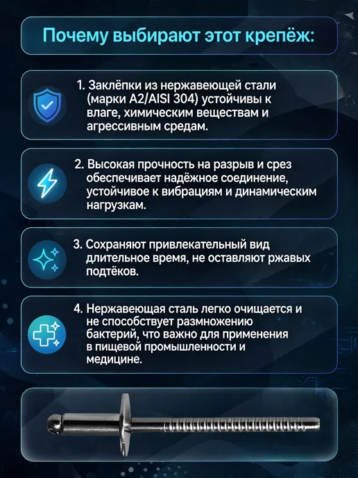Заклепка Нержавеющая вытяжная A2 4,8х10 50 шт нерж клепки, 4.8x14, 50 шт, фото 4