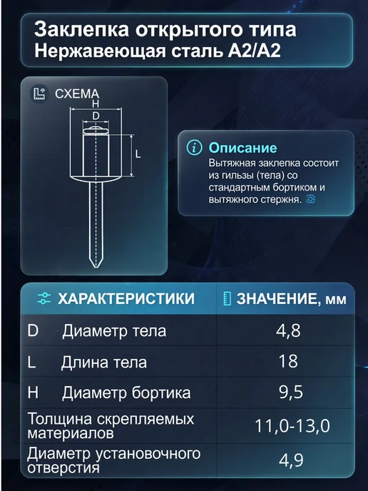 Заклепка Нержавеющая вытяжная A2 4,8х10 50 шт нерж клепки, 4.8x18, 50 шт, фото 2