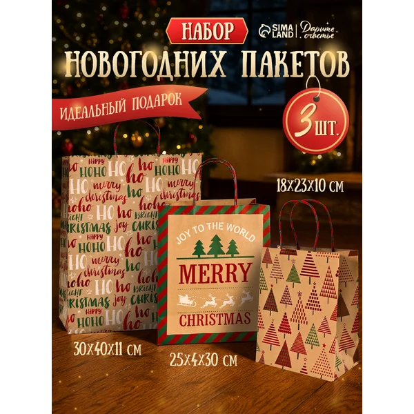 Набор подарочных пакетов новогодних, 3 шт