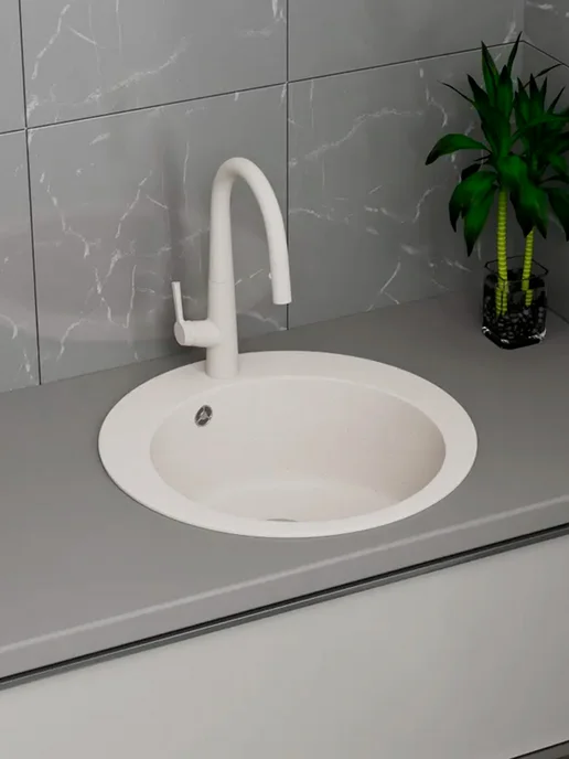 BAUEDGE Мойка для кухни BAU Dream Pro D 48, без выпуска, белый песок, белый, фото 5