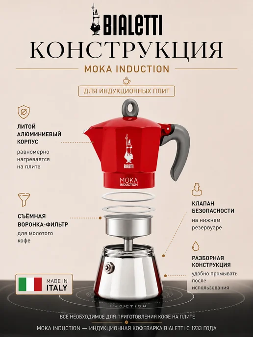 BIALETTI Кофеварка индукционная Moka Induction 6942 (90мл) 2 порции, 90 мл, фото 3