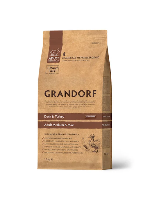 Сухой корм Grandorf' Низкозерновой для собак, средние, индейка, утка, 10 кг